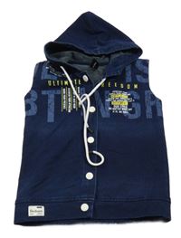 Modrá tepláková prepínaci vesta s nápisom a kapucňou