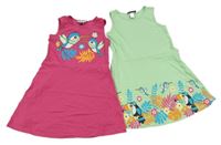 2x šaty - tmavorůžové bavlněné s ptáčky + světlezelené