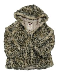 Béžovo-čierna leopardí kožušinová podšitá bunda s kapucňou