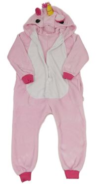 Svetloružová -biela chlpatá kombinéza s kapucí - jednorožec
