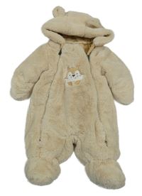 Béžová chlpatá zateplená kombinéza s líškou a kapucňou