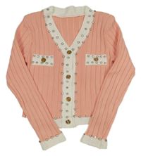 Lososovo-biely rebrovaný prepínaci crop sveter s kamienkami