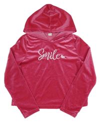 Fuchsiová zamatová crop mikina s nápisom a kapucňou Shein