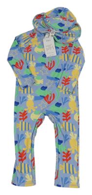 Nové - 2set - Světlemodro-farebný UV overal s korály + UV šiltovka M&S