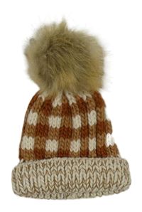 Smetanovo-béžovo-medová kockovaná pletená čapica s brmbolcom