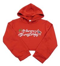 Červená crop mikina s nápisom a kapucňou