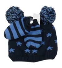 Nové - Tmavmodro-modrá pletená čepice + rukavice Pocopiano