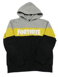 Šedo-černo-žlutá mikina s logem Fortnite a kapucí C&A