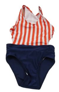 Pruhovano-tmavomodré jednodielne plavky s volnými zády