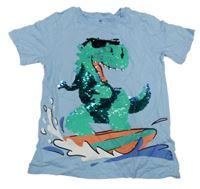 Svetlomodré tričko s dinosaurem z překlápěcích flitrů H&M