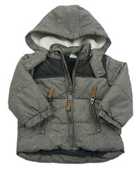 Sivo-tmavosivá melírovaná prešívaná šušťáková zimná bunda s odopínacíá kapucňou H&M