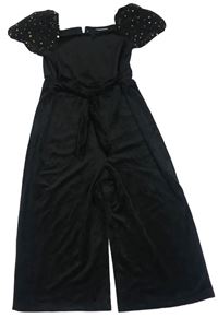 Černý plyšový kalhotový culottes overal se šifonovými balonovými rukávy se zlatými hvězdičkami Matalan