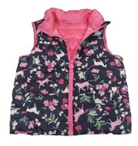 Tmavomodrá prešívaná šušťáková zateplená obojstranná vesta s jednorožcami a kvietkami zn. joules