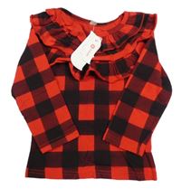 Nové - červeno-čierne kockované tričko s volánikmi
