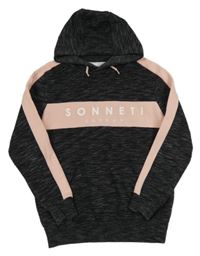 Černo-světlerůžová melírovaná teplá mikina s logem a kapsou a kapucí Sonneti