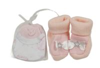 Nové - 2Set - Bílo/světlerůžové rukavice s obrázky + světlebroskvové pletené bačkory s mašlí vel. 15