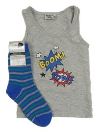 Nové - 2Set - Šedý  melírovaný nátělník s nápisy INFINITY KIDS + safírovo-pruhované ponožky vel. 27-30