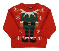 Červený pletený vianočný sveter s elfem KIABI