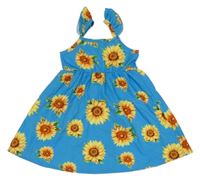 Modré letné šaty so slunečnicemi a volánikmi