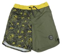 Kaki-tmavožlté plážové kraťasy s palmami a kaktusmi a nášivkou OLAIAN