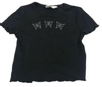 Čierne rebrované crop tričko s motýly z kamínků H&M