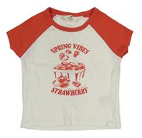 Bielo-červené rebrované crop tričko s jahodami H&M