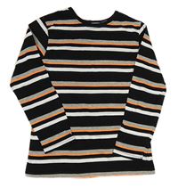 Černo-šedo-neonově oranžové pruhované triko Primark