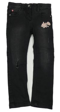 Čierne teplákové skinny fit rifle s výšivkami květů Lupilu