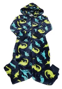 Tmavomodrá chlupatá kombinéza s dinosaury a kapucí