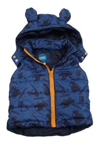 Tmavomodrá šušťáková zateplená vesta s autami a kapucňou