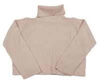 Svetloružový rebrovaný oversize sveter s rolákom