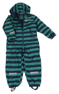 Zeleno-tmavomodrá pruhovaná šusťáková jarní kombinéza s traktorem a kapucí Impidimpi