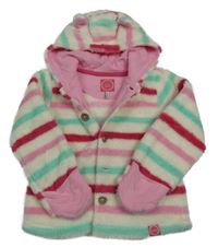 Bílo-barevná pruhovaná chlupatá propínací mikina s kapucí Joules