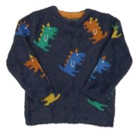 Tmavomodrý chlpatý sveter s farebnymi dinosaurami George