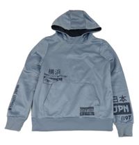 Modrá športová mikina s nápisom a kapucňou