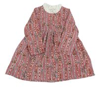 Ružovo-farebné pruhované rebrované šaty s vtáčky