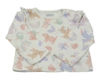 Bílé žebrované triko se zvířátky a volánky Peacocks