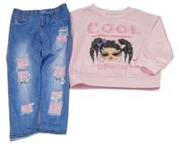 2set - Svetloružová mikina s dívkou + modro-růžové legíny riflového vzhledu Shein