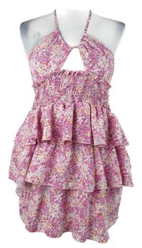 Dámska ružová kvietkovana šatová tunika s volánikmi Shein