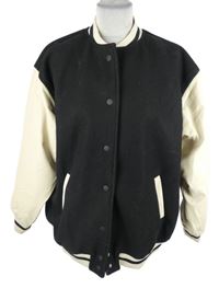 Dámská černo-smetanová vlněno/koženková oversize bunda H&M