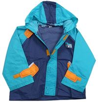 Tmavomodro-azurová šušťáková nepromokavá bunda s potlačou a kapucňou