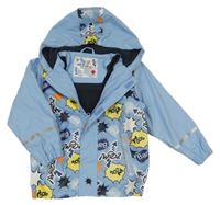 Světlemodrá nepromokavá jarní bunda s nápisy a kapucí lupilu