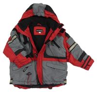 Červeno-černo-bílá šusťáková zimní bunda s kapucí 