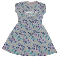 Sivé bavlnené šaty s kvietkami a nápisom Alive