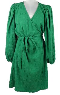 Dámské zelené zavinovací šaty s balonovými rukávy