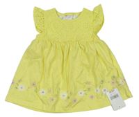 Žlté bavlnené šaty s madeirou a kvietkami zn. Mothercare