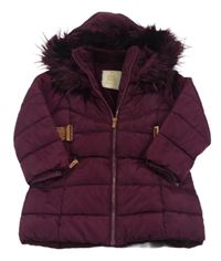 Vínová šusťáková zimní parka s páskem, kožešinou a kapucí Matalan