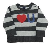 Tmavomodro-sivý pruhovaný sveter s nápisom GAP