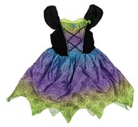 Kostým - Černo-fialovo-zeleno-modré sametovo/saténové šaty s pavučinkami a flitry a volánky