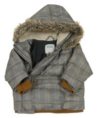 Šedo-medová kostkovaná šusťáková zimní bunda s kapucí 